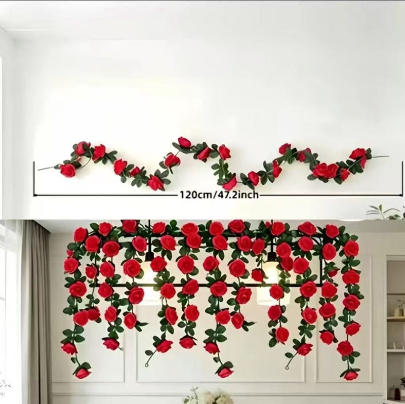 Artificial Rose Garland Vine, 47" Length, 45 Blooms, Modern Farmhouse Style, Perfect for Weddings, Home Decor, & Events