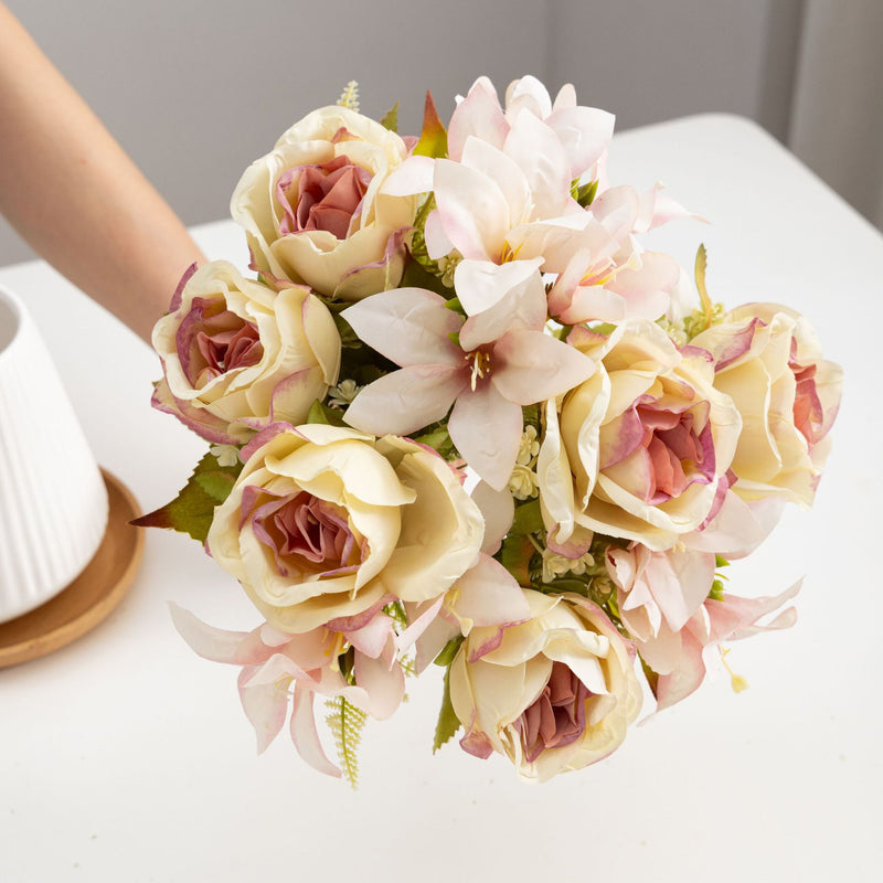 13" Realistic Silk Rose & Lily Bouquet, Perfect for Weddings, Home Decor, and Events