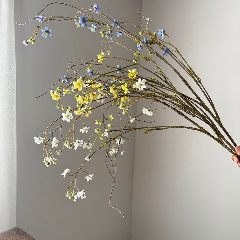Long Stem Pearl Plum Delphinium Artificial Flower, 52", Silk, White/Blue/Yellow, Wedding, Home Decor, Event Styling