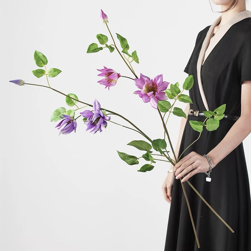 Artificial Clematis Stem, 35" Realistic Silk Flower for Home Decor, Wedding Centerpieces & Commercial Displays, Set of 3 Blooms