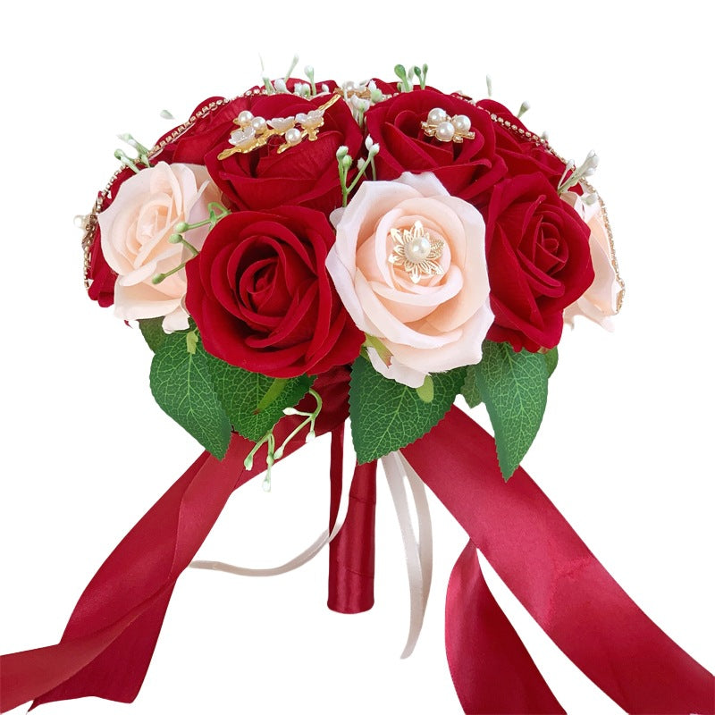 Wedding Bouquet with 18 Silk-Like Roses, 12" Height, Faux Silk Bridal Hand-Tied Bouquet