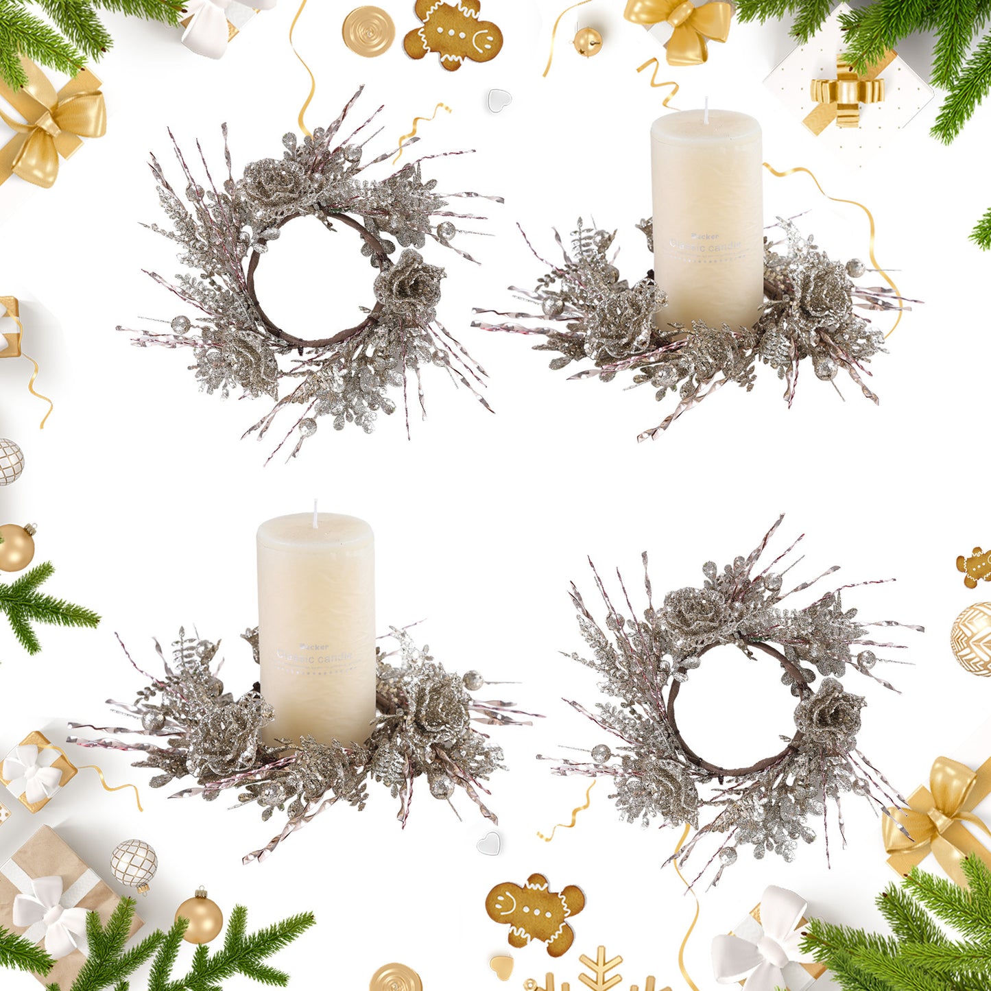 2-Pack Christmas Candle Ring Wreaths - Gold Glitter Artificial Flower Decor for Holiday Tree & Table