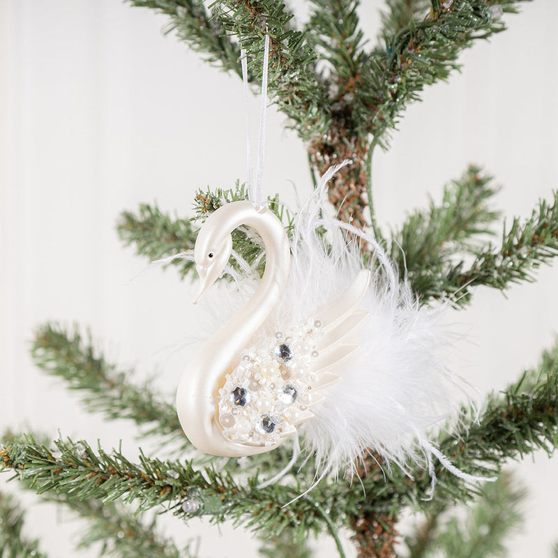 Simulated Feather Swan Christmas Hanging Ornaments with Diamond Accent, Bulk Set