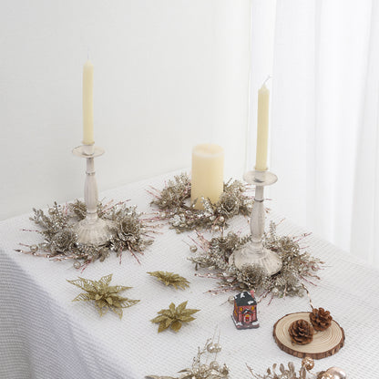 2-Pack Christmas Candle Ring Wreaths - Gold Glitter Artificial Flower Decor for Holiday Tree & Table