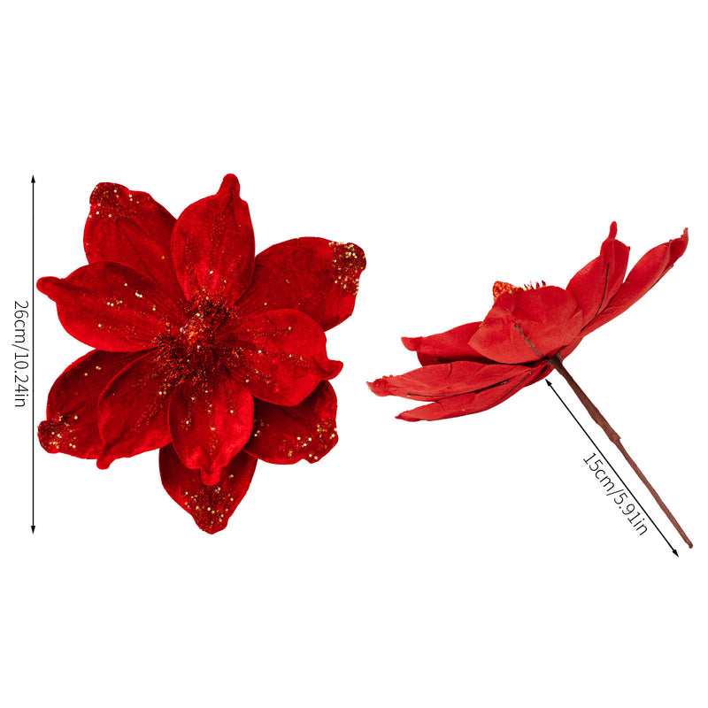 Gold Glitter Velvet Magnolia Artificial Flower, Single Stem with 1 Large Bloom, Christmas Tree Decor, Holiday & Wedding