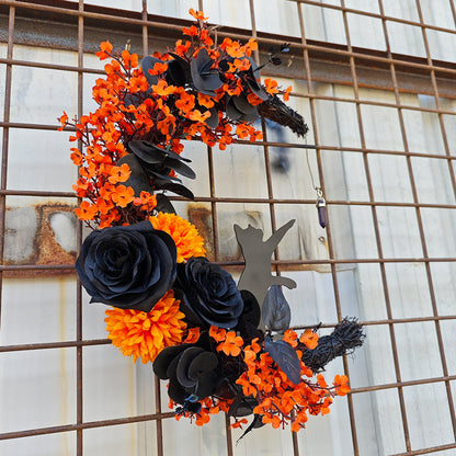 14 Inch Moon Cat Halloween Glowing Artificial Flower Rattan Wreath for Front Door, Bulk Wholesale