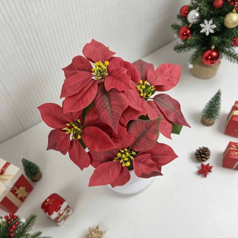 5-Bloom Artificial Poinsettia Bush, 20" Tall, Silk-Like Fabric, Indoor Holiday Decoration