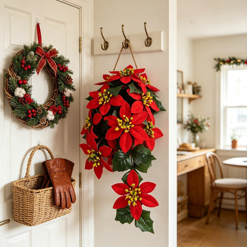 Artificial Poinsettia Garland Vine, 16" Hanging Christmas Decor with 11 Blooms, Bendable Stems for Holiday, Wedding & Home Decor