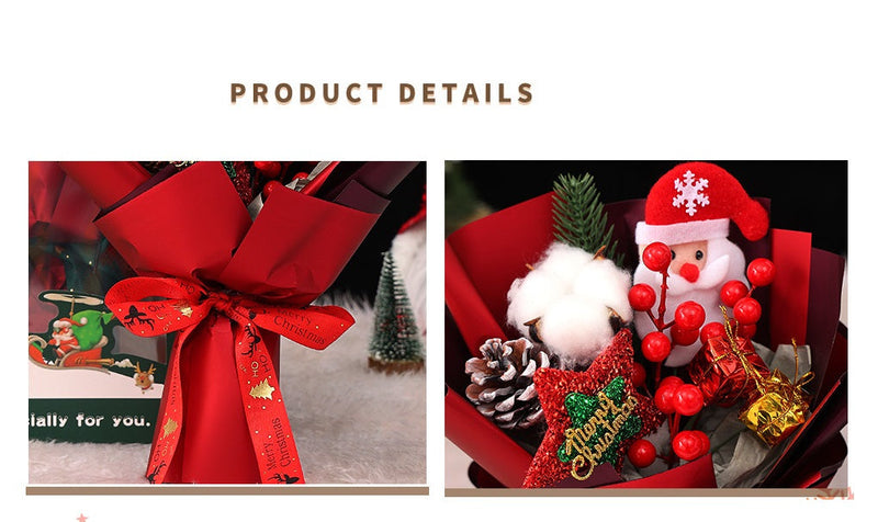 11 Inch Artificial Christmas Flower Bouquet with Glitter Star, Red Berries, and Santa Doll – Bulk Wholesale Gift Set