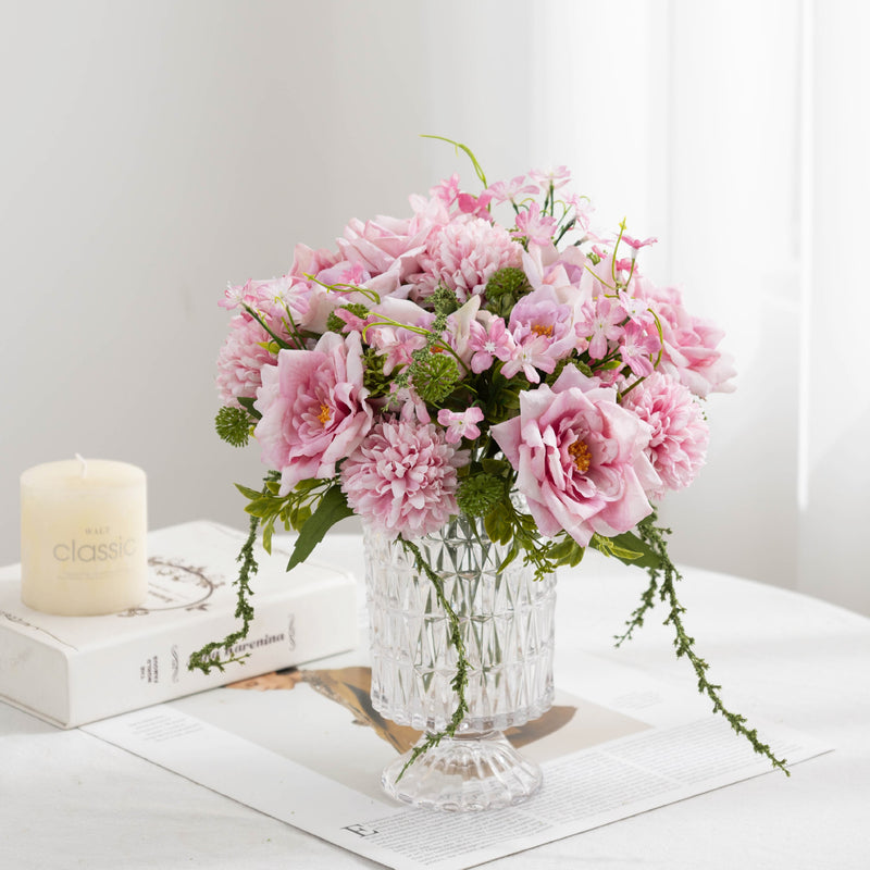 11" Realistic Artificial Rose & Chrysanthemum Bush, 5-Bloom Floral Cluster for Weddings, Home Decor, and Events, Countryside & Modern Style