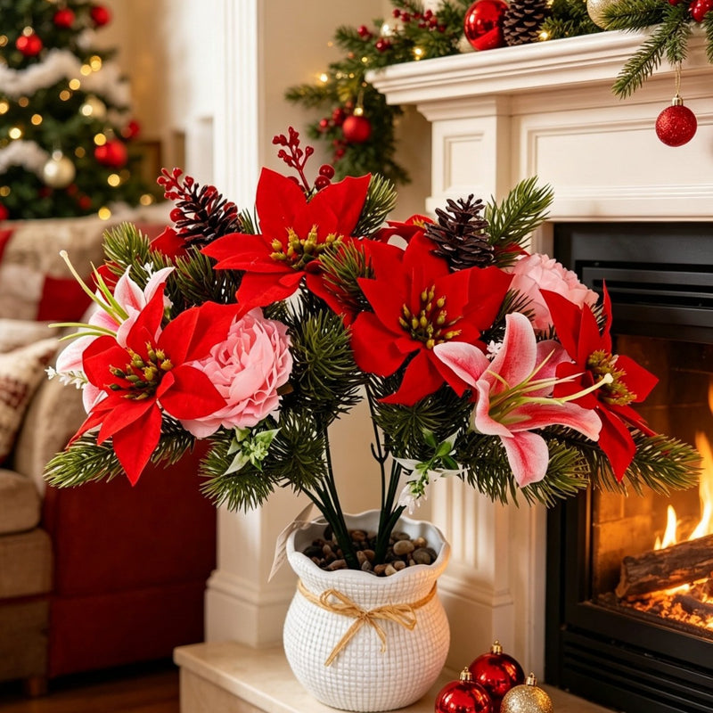 Artificial Poinsettia Bush, 12-Inch Christmas Holiday Decor, Faux Silk & PVC