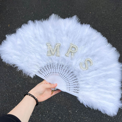 Bachelorette Party Bride Feather Fan - White with Pearl "Bride" Lettering | Wedding & Bridal Decor