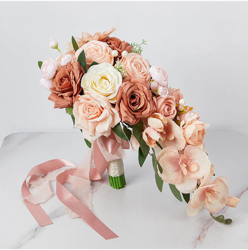 Bulk 9" Bridal Bouquet Roses Silk Wedding Flower Cascading Adjustable Ribbon Waterproof for Outdoor Ceremonies Photo Shoots Wholesale