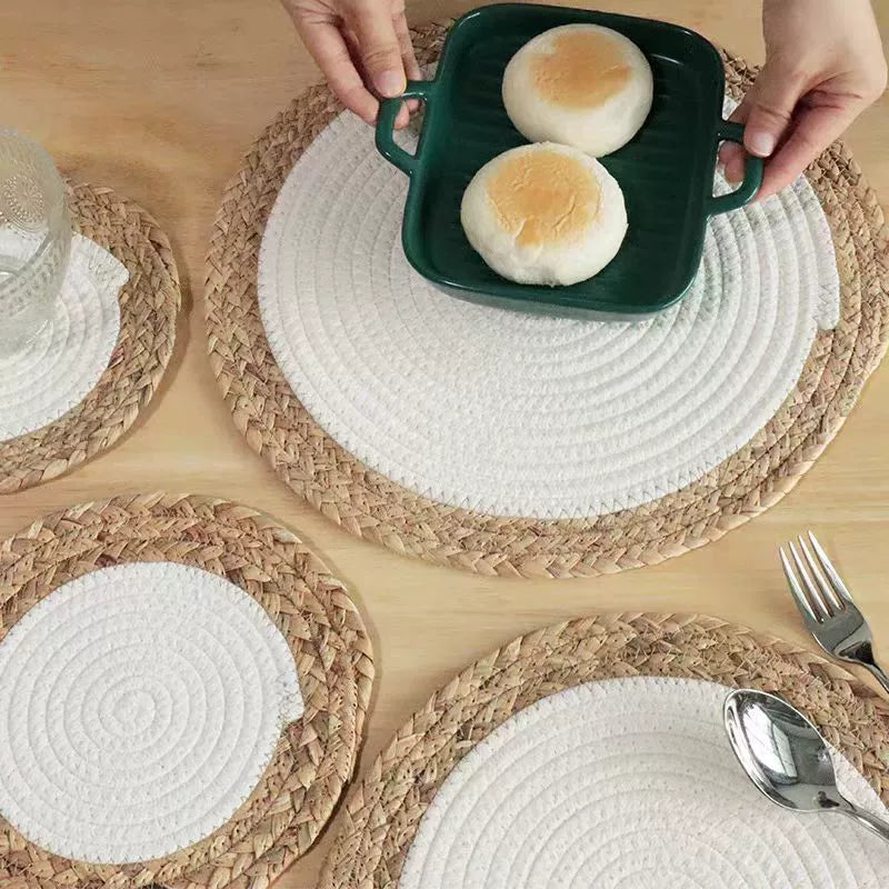 11.8 - Inch Natural Calabash Grass Woven and Cotton Rope Coaster Set