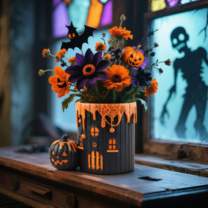 Halloween Pumpkin House Resin Planter - Spooky Cute Decor for Home Desk & Garden