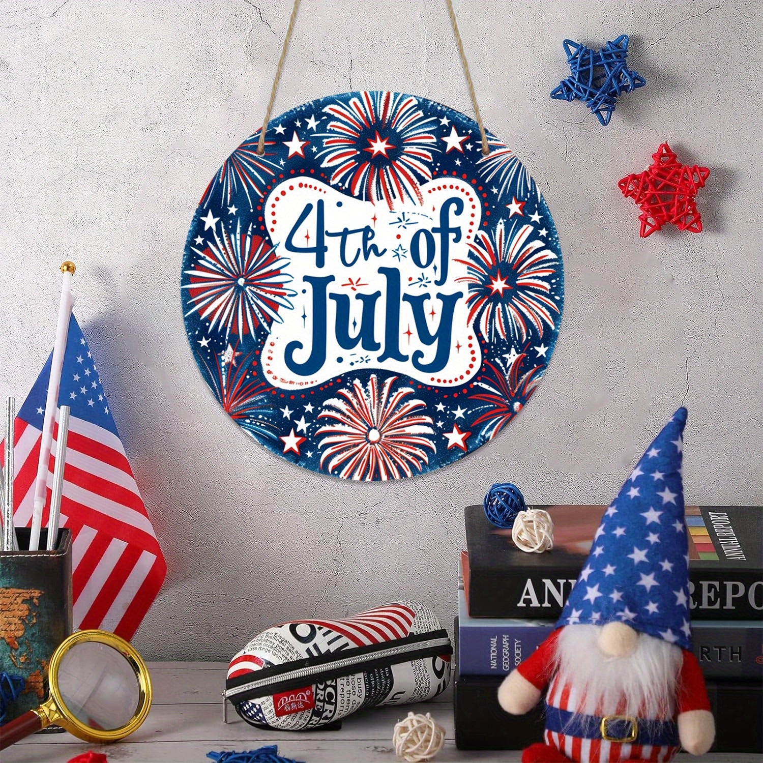 4th of July Wooden Door Hanger, American Flag Stars Fireworks Decor 2 Pack Outdoor Porch Decoration for Independence Day Party
