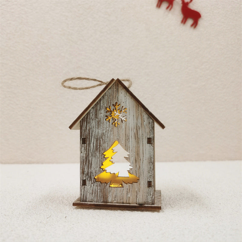 Christmas Glow Cabin House LED Ornament with Hollowed-out Snow Elk for Xmas Tree Decor, Bulk Wholesale
