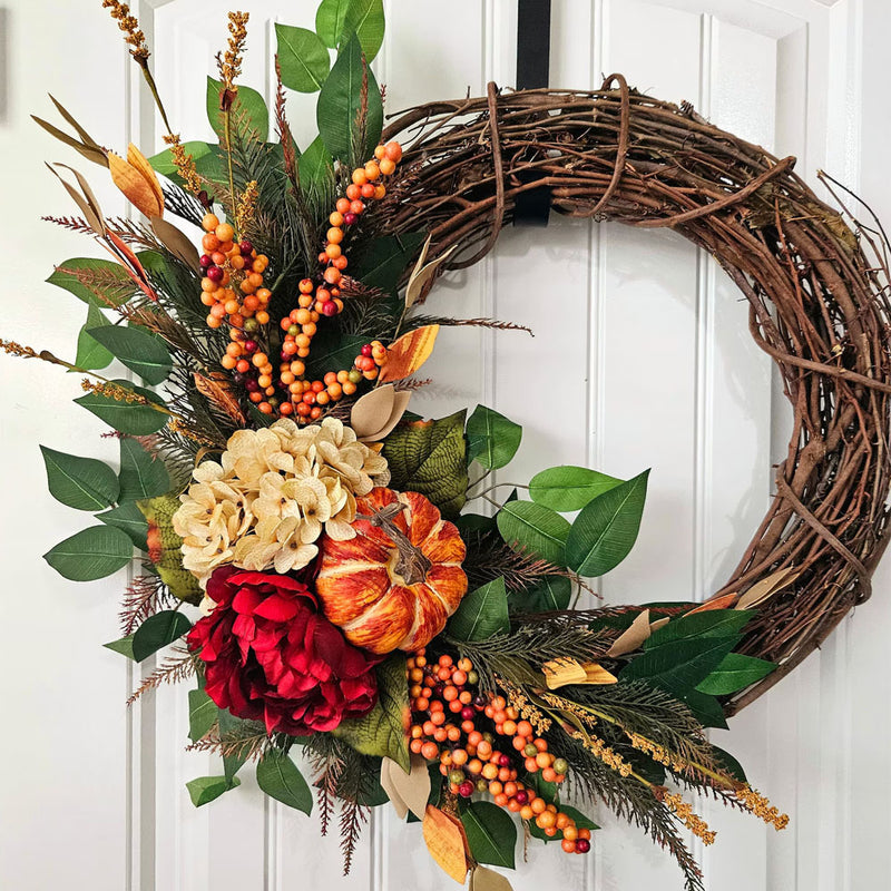 Autumn Rustic Pumpkin Hydrangea Wreath, 16" Woven Rattan Wall Hanging for Fall Decor, Wedding, Farmhouse Style