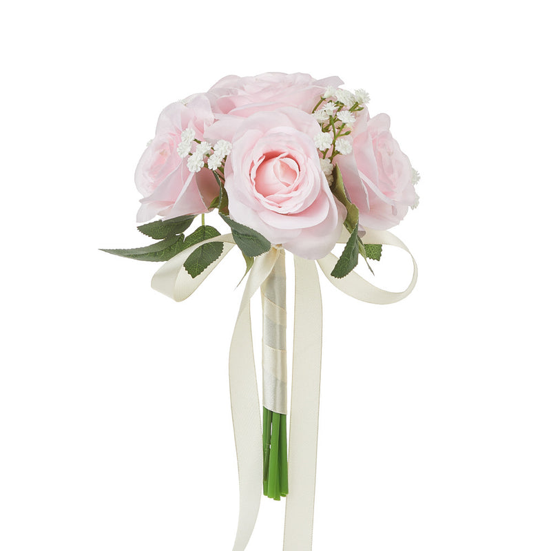 Bouquet with 6 Rose and Baby's Breath Blooms, Silk-Like Fabric, 11 Inches, Perfect for Weddings and Events