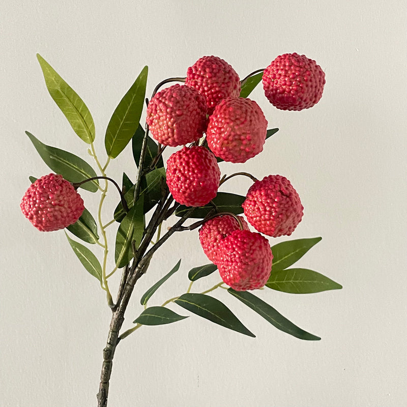 Artificial Litchi Fruit Branches, Foam Lychee Bush with 9 Blooms (1.5"), 18" Tall, Realistic Decorative Stems for Home Decor, Wedding Centerpieces & Commercial Displays