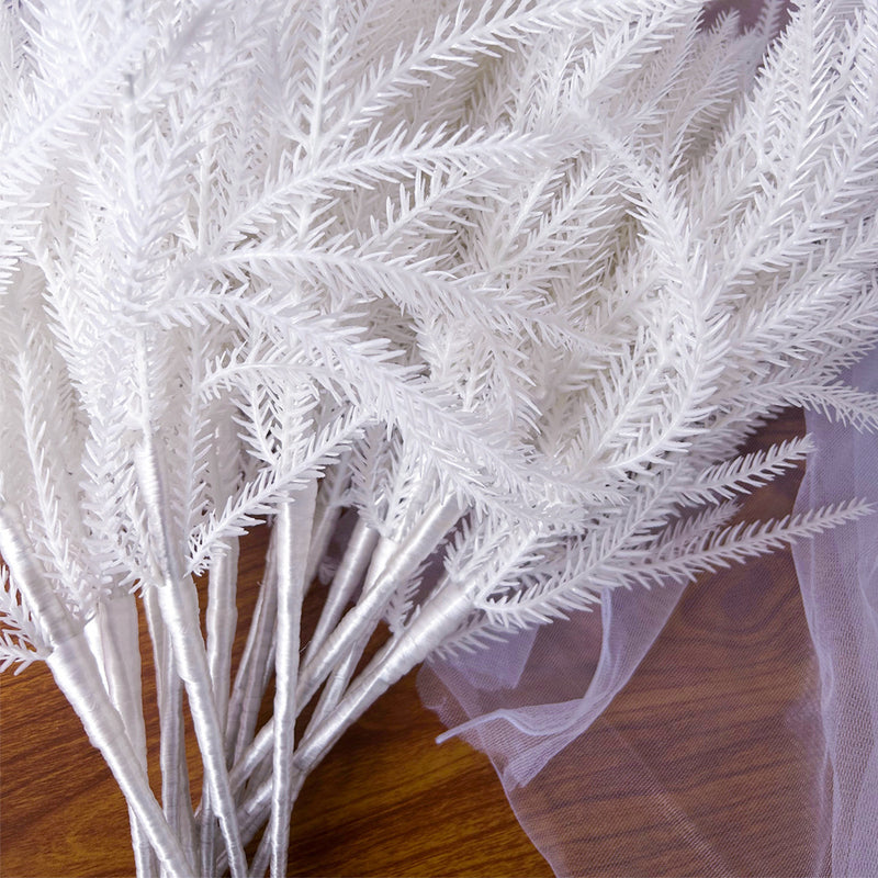 Artificial Norfolk Pine Bush, White Plastic Pine Sprigs, Bendable Stems for Halloween, Holiday & Window Display Decor