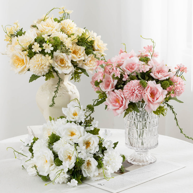 11" Realistic Artificial Rose & Chrysanthemum Bush, 5-Bloom Floral Cluster for Weddings, Home Decor, and Events, Countryside & Modern Style