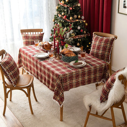 Bulk Christmas Plaid Snowflakes Tablecloths with Plush Ball for Christmas Party Decor Wholesale