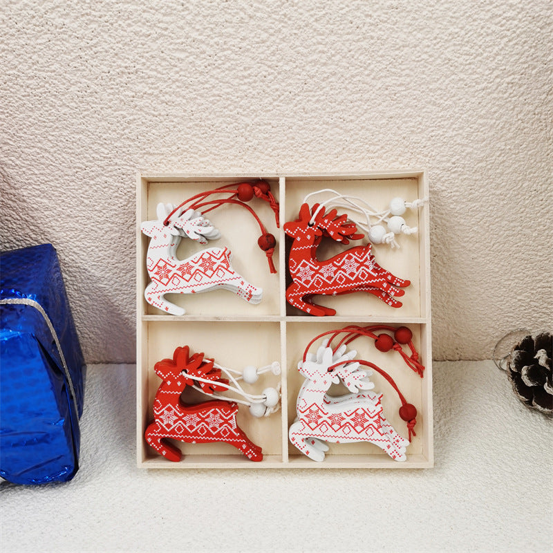 12 Pcs Christmas Ornaments Set with Snowflakes, Bells, Elk Wooden Pendants, Hanging Decorations in 4-Grid Box