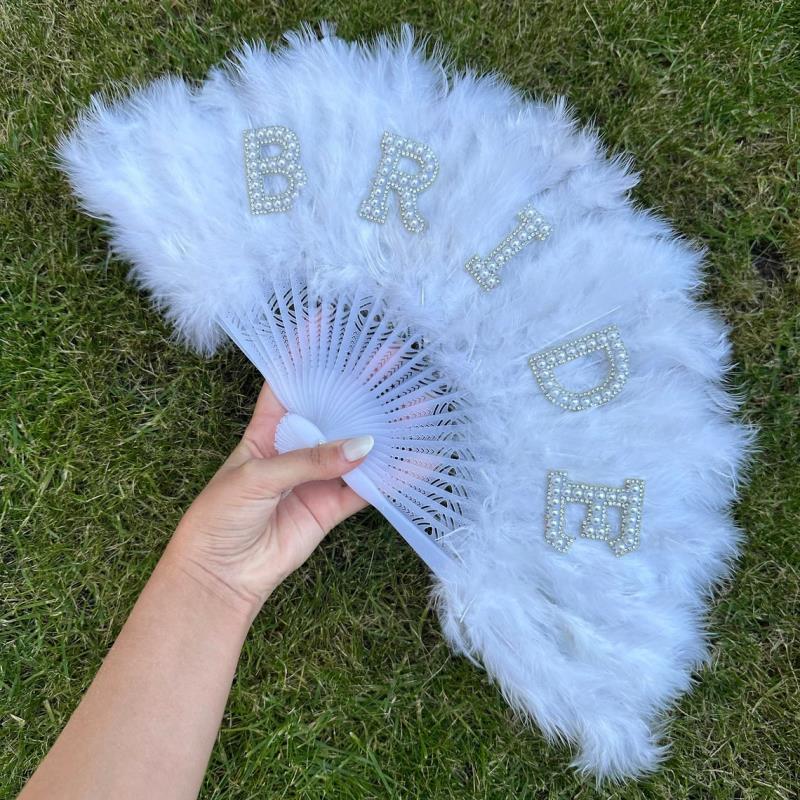 Bachelorette Party Bride Feather Fan - White with Pearl "Bride" Lettering | Wedding & Bridal Decor