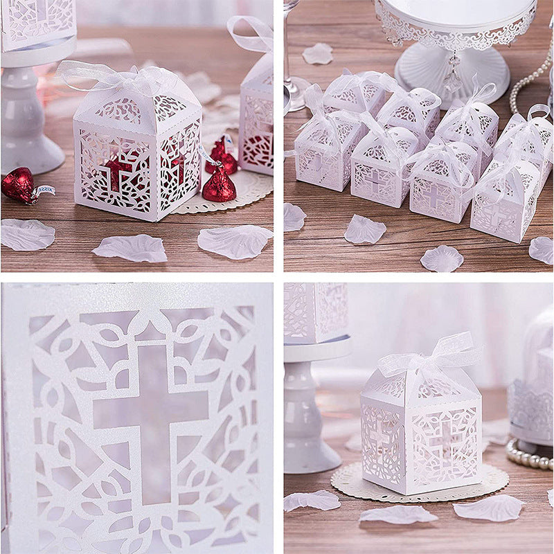 Bulk 50 Pcs Hollow-out Gift Box with Ribbons for Baby Shower Christening Wedding Favour Boxes Wholesale