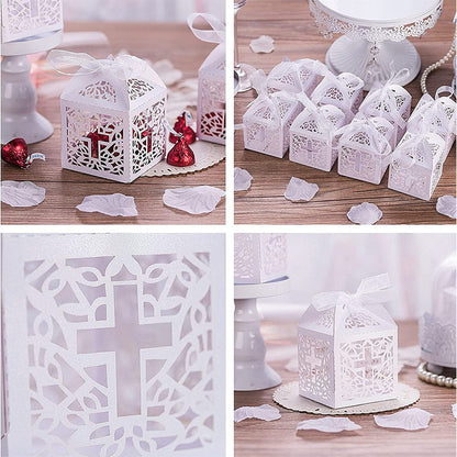 Bulk 50 Pcs Hollow-out Gift Box with Ribbons for Baby Shower Christening Wedding Favour Boxes Wholesale