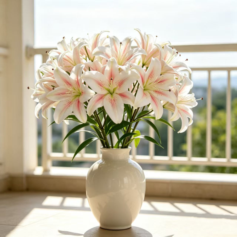 Single Stem Faux Lily with 10 Blooms, 24" Tall, Silk-Like Fabric, for Weddings, Home Decor, and Events
