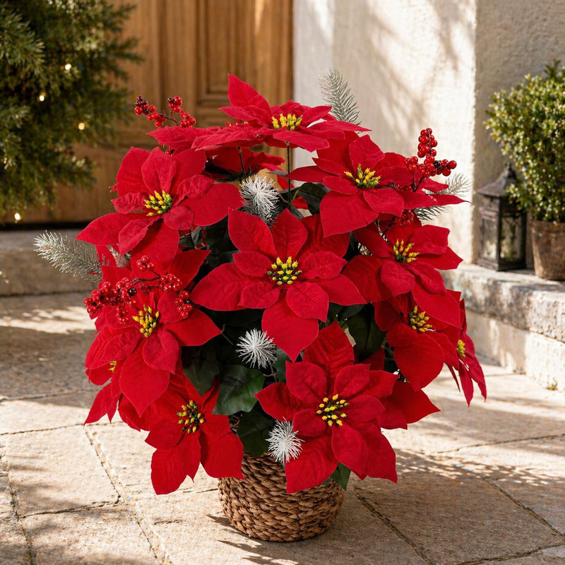 Artificial Poinsettia Bush with 36 Blooms, 14" Silk-Like Christmas Flower Arrangement for Holidays, Weddings & Home Decor