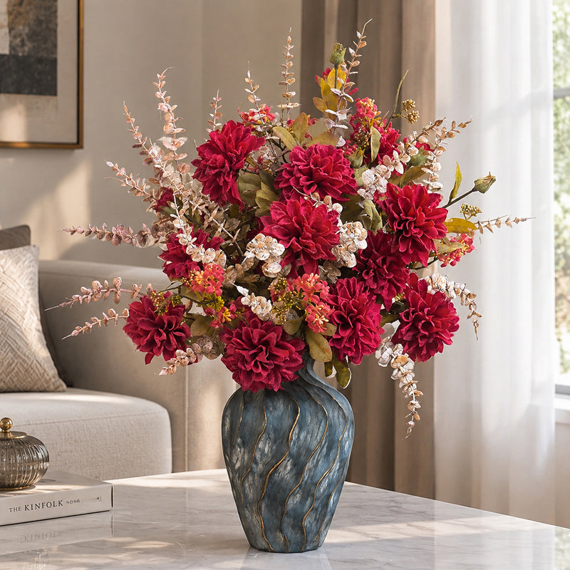 Artificial Dahlia Bouquet, 3-Bloom Faux Silk Flowers, Autumn Burnt-Edge Petals, Home & Event Decor