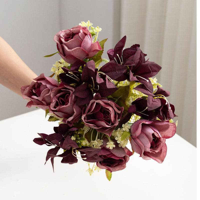 13" Realistic Silk Rose & Lily Bouquet, Perfect for Weddings, Home Decor, and Events