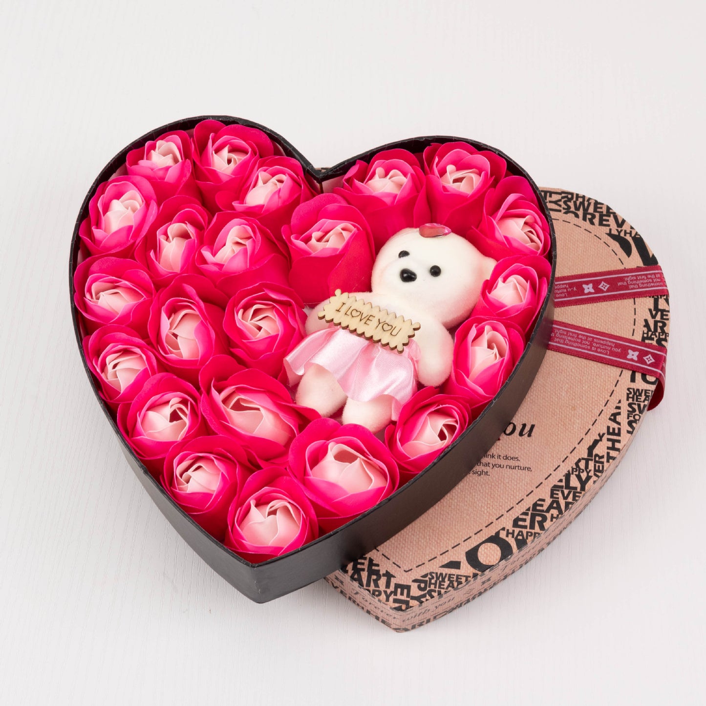 Heart Shaped Soap Rose Gift Box - 24 Soap Roses + Teddy Bear | Birthday & Valentine's Day Gift