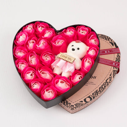 Heart Shaped Soap Rose Gift Box - 24 Soap Roses + Teddy Bear | Birthday & Valentine's Day Gift