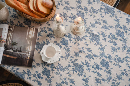 Bulk French Vintage Rectangle Tablecloth with Lace Cotton Linen Blue Rose Floral Table Cover Wholesale