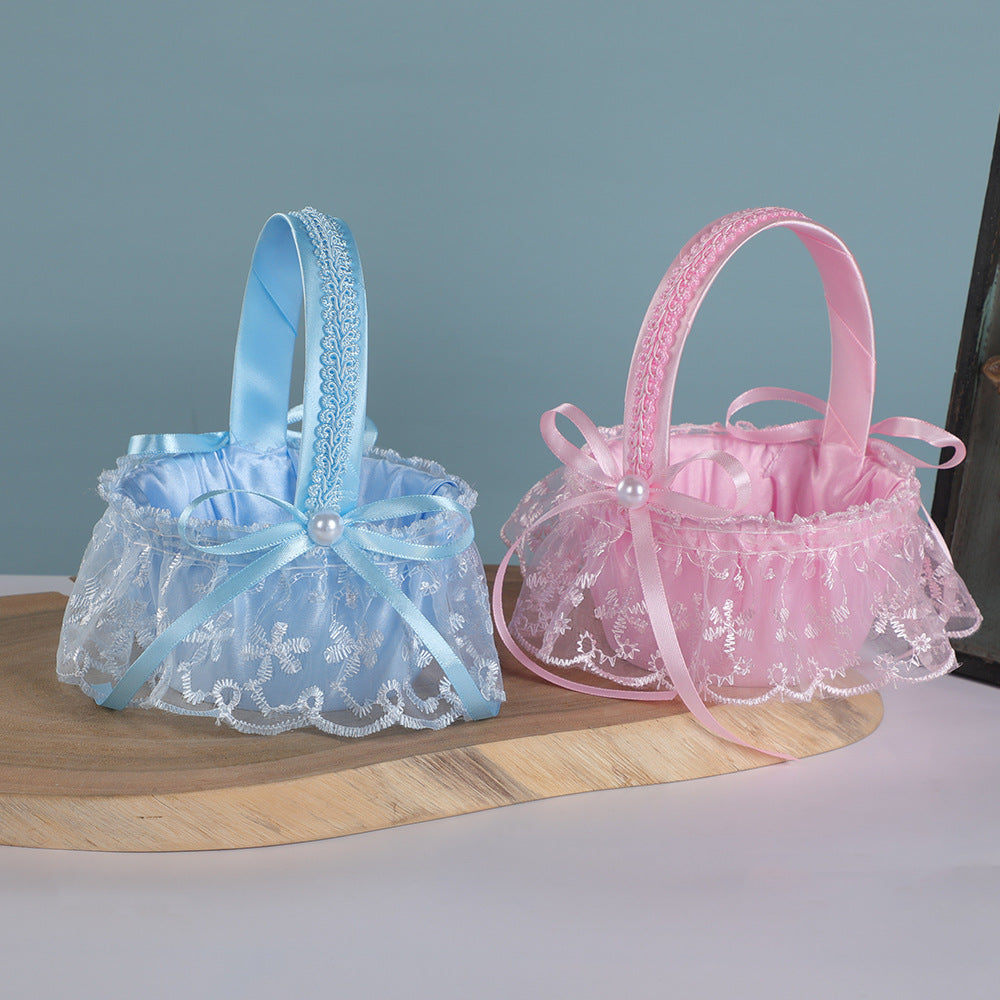 3-Pack Wedding Flower Girl Basket - Blue Lace & Pearl Accent Bridal Candy & Petal Holder