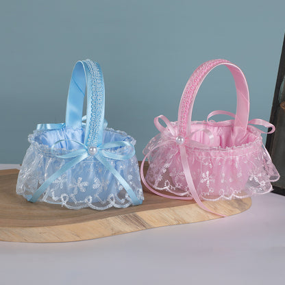 3-Pack Wedding Flower Girl Basket - Blue Lace & Pearl Accent Bridal Candy & Petal Holder