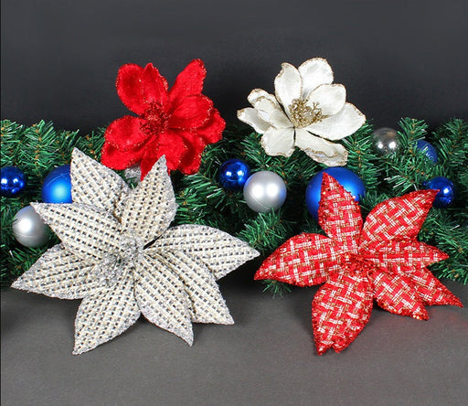 Glitter Artificial Poinsettia Flowers 10 Pcs Christmas Decorations for Tree Garland Rattan Accessories