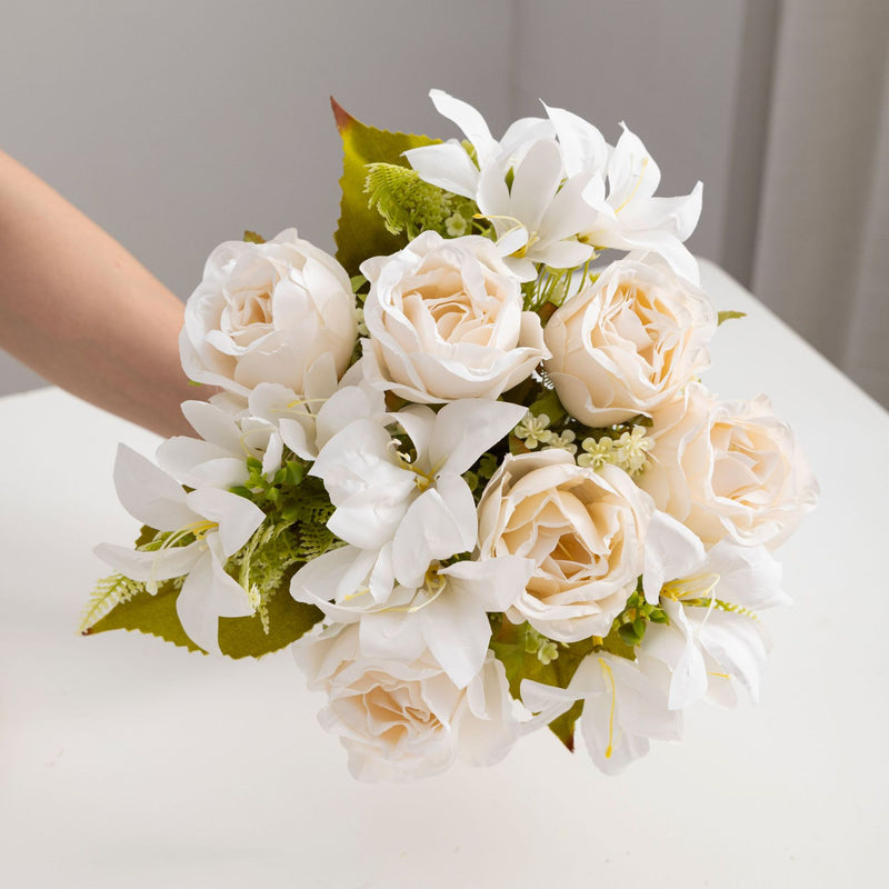 13" Realistic Silk Rose & Lily Bouquet, Perfect for Weddings, Home Decor, and Events