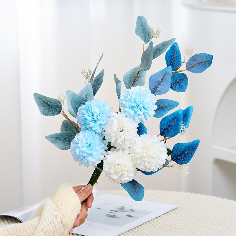 18" Realistic Artificial Flower Arrangement, 6-Piece Chrysanthemum & Eucalyptus Bundle for Home Decor, Wedding, Events (No Vase Included)