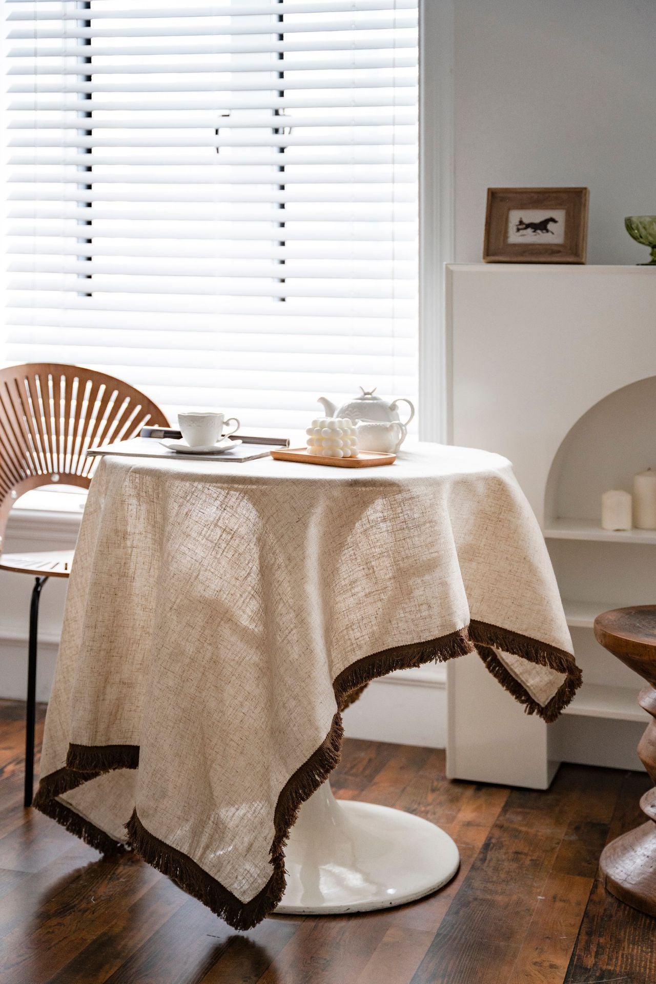 Bulk 55" Linen Round Tablecloth with Tassel Wrinkle Free Table Cloth Wholesale