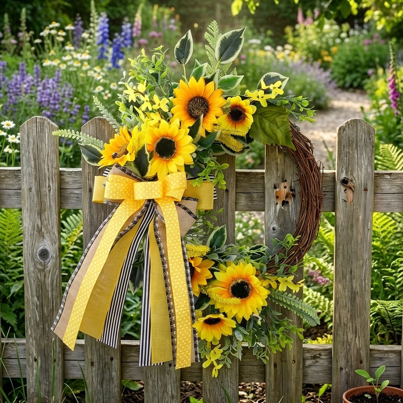 Autumn Sunflower Half Wreath Garland, 18" Long, Plastic, Bee Decor, Door Hanging
