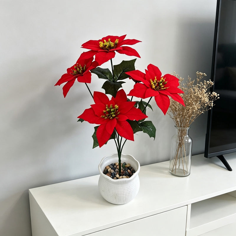 15" Artificial Poinsettia Bush with 5 Blooms, PVC & Silk-Like Fabric, Indoor Holiday Decor for Christmas, Weddings, Events