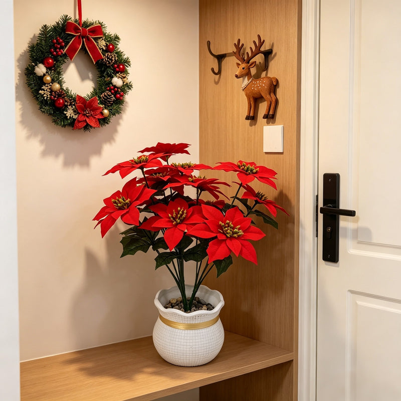 15" Artificial Poinsettia Bush with 5 Blooms, PVC & Silk-Like Fabric, Indoor Holiday Decor for Christmas, Weddings, Events