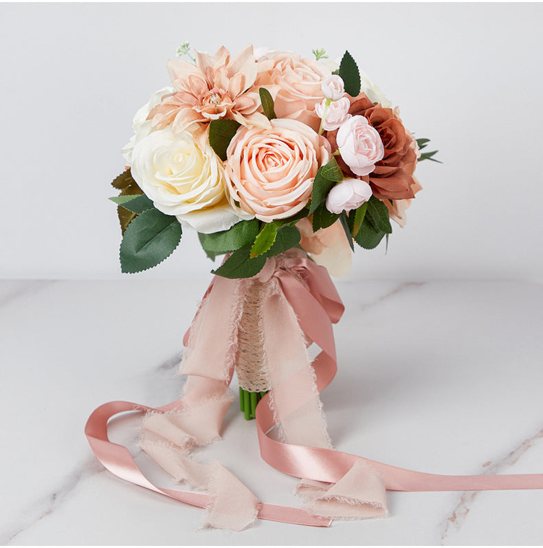 Bulk 9" Bridal Bouquet Roses Silk Wedding Flower Cascading Adjustable Ribbon Waterproof for Outdoor Ceremonies Photo Shoots Wholesale