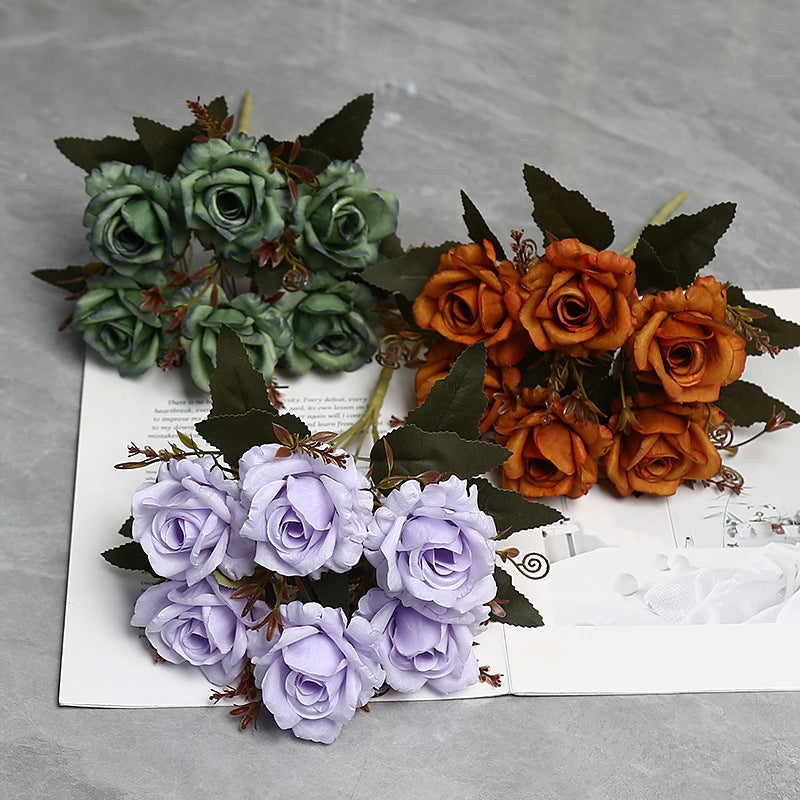 Autumn-Toned Rose Bush, 12" Faux Silk Floral Arrangement with 6 Blooms, Rustic Decor for Weddings & Home