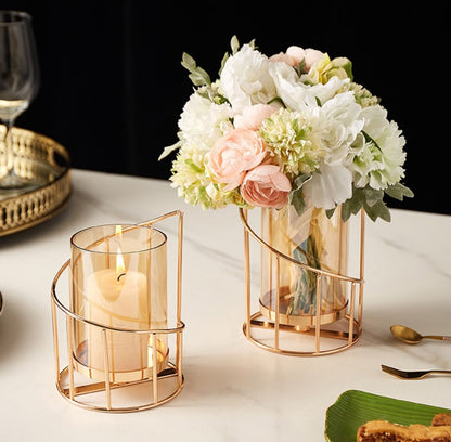 Bulk 1pc Golden Glass Flower Vase With Metal Frame Modern Geometric Candle Holders Wedding Home Decoration For Office Room Decor Home Decor Wholesale